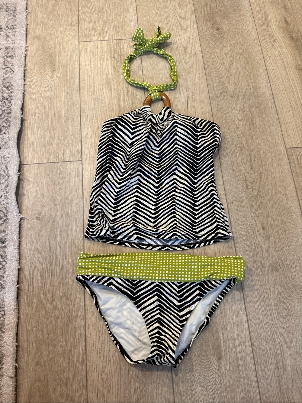Girls Black & White Zigzag Tankini with Lime Polka Dot Accents